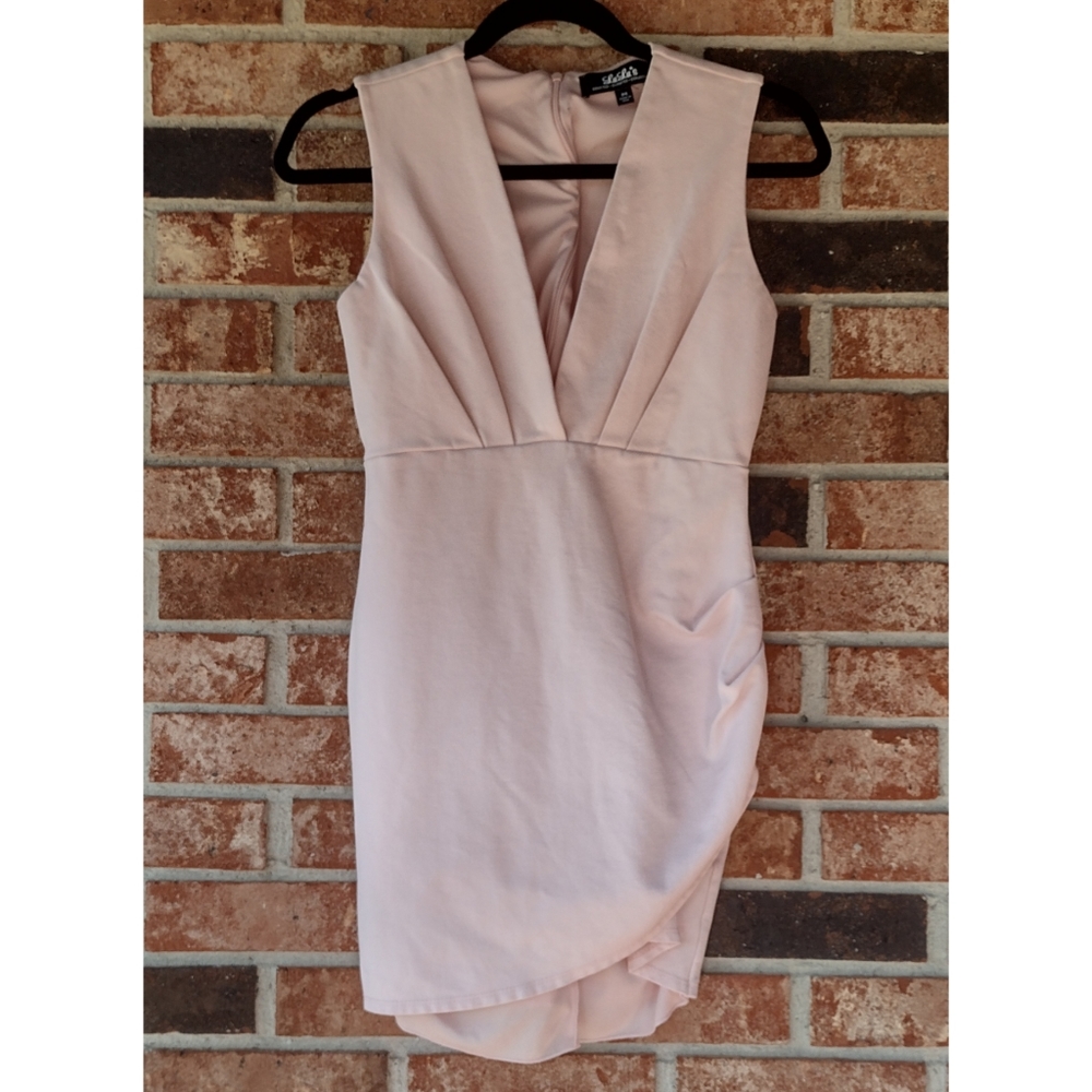 LuLus Light Pastel Pink V Neck Cinched Midi Mini Special Event Party Dress M